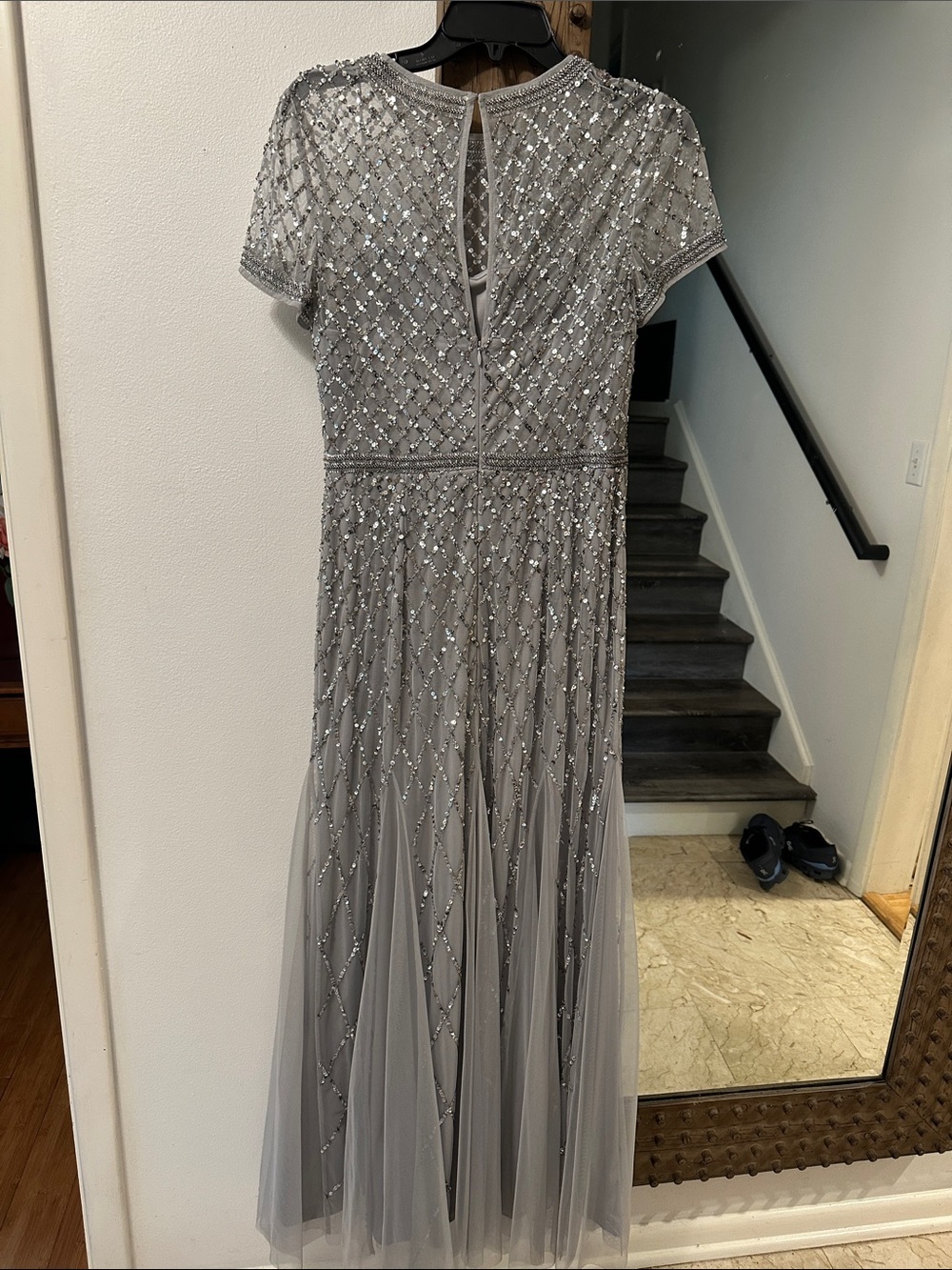 Adrianna Papell Silver Beaded Short-Sleeve Maxi Dress - Picture 2 of 4
